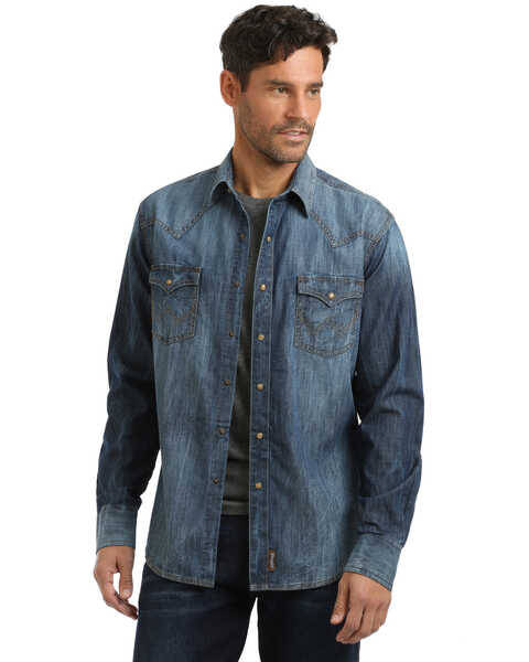 Image #1 - Wrangler Retro Men's Premium Snap Denim Long Sleeve Western Shirt , Indigo, hi-res