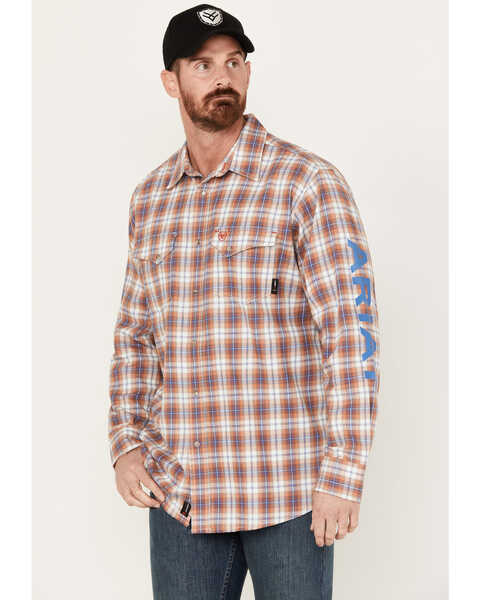 Ariat Men's FR Bentley Logo Plaid Print Ling Sleeve Snap Work Shirt, Multi, hi-res
