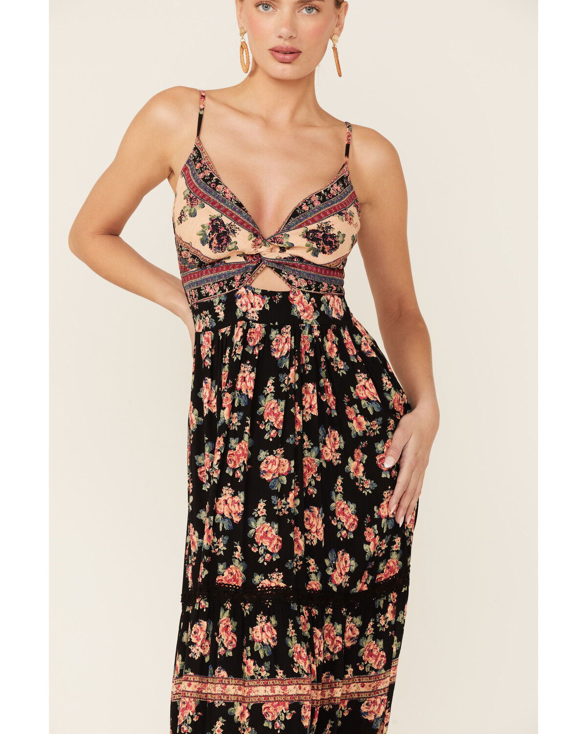 Image #2 - Angie Women's Black Floral Twist Front Keyhole Maxi Dress, , hi-res