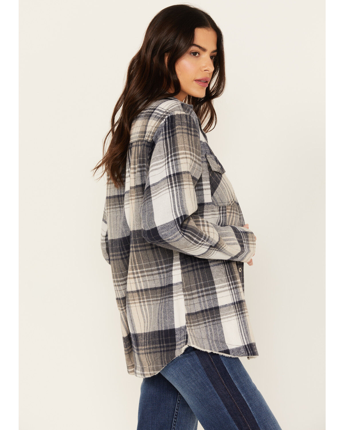 Image #2 - Pacific Teaze Women's Plaid Print Sherpa Lined Shacket, Navy, hi-res