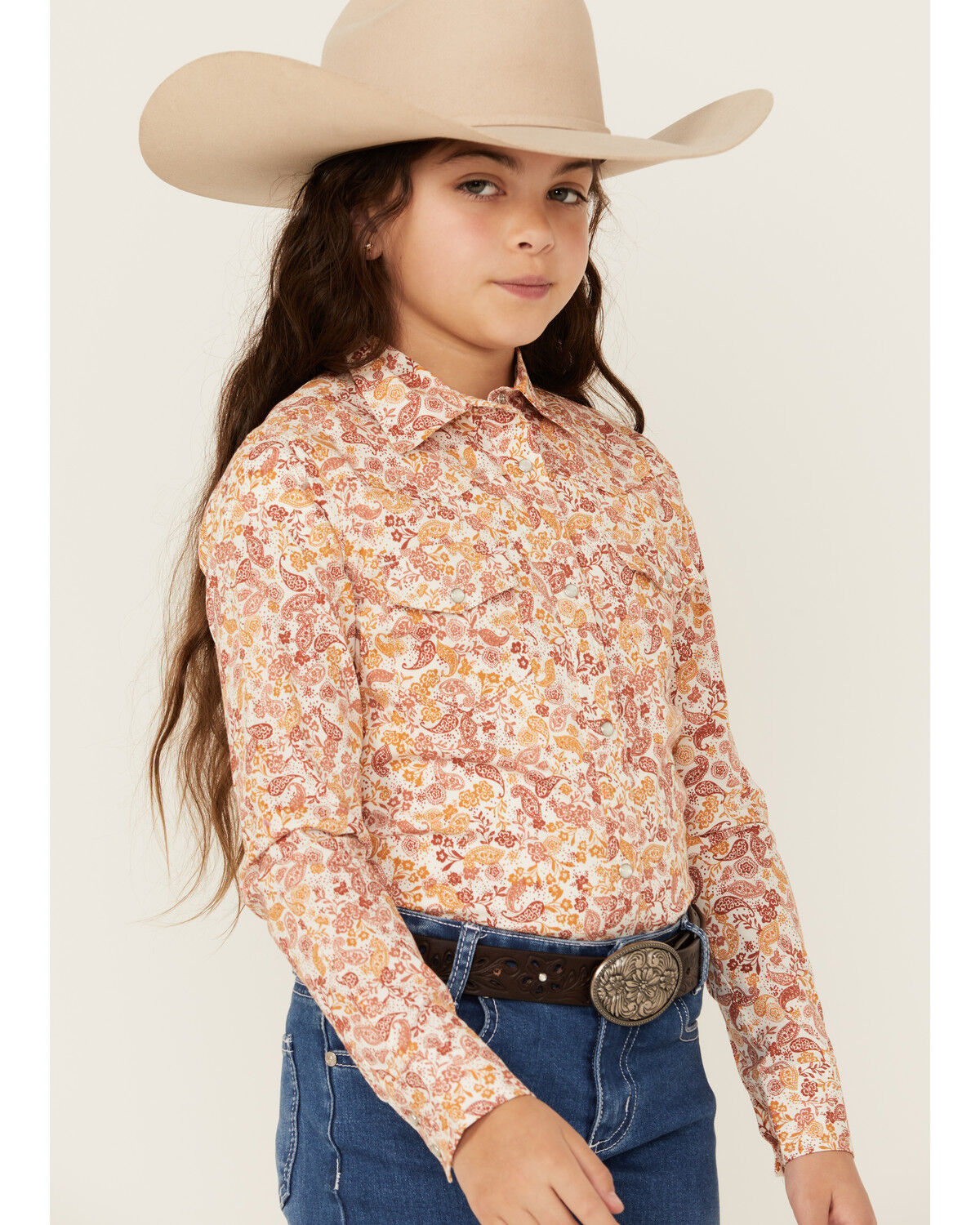Image #2 - Shyanne Girls' Ash Floral Print Long Sleeve Pearl Snap Stretch Western Shirt, Gold, hi-res