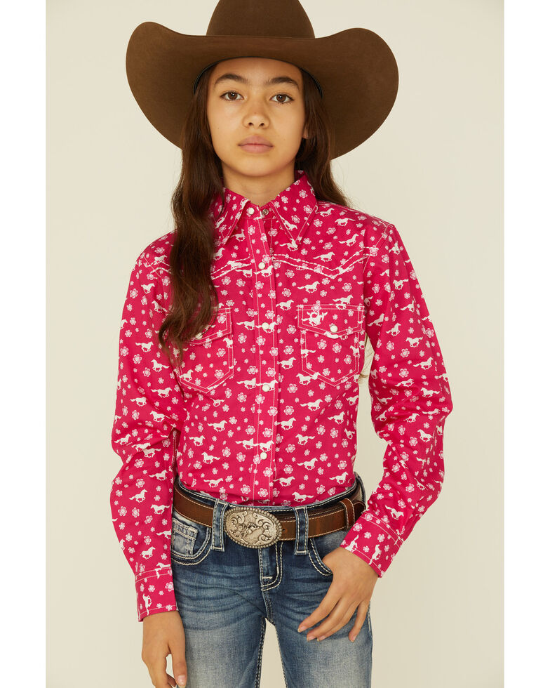 Cowgirl Hardware Girls' Daisy Rider Fuchsia Print Long Sleeve Shirt , Fuchsia, hi-res