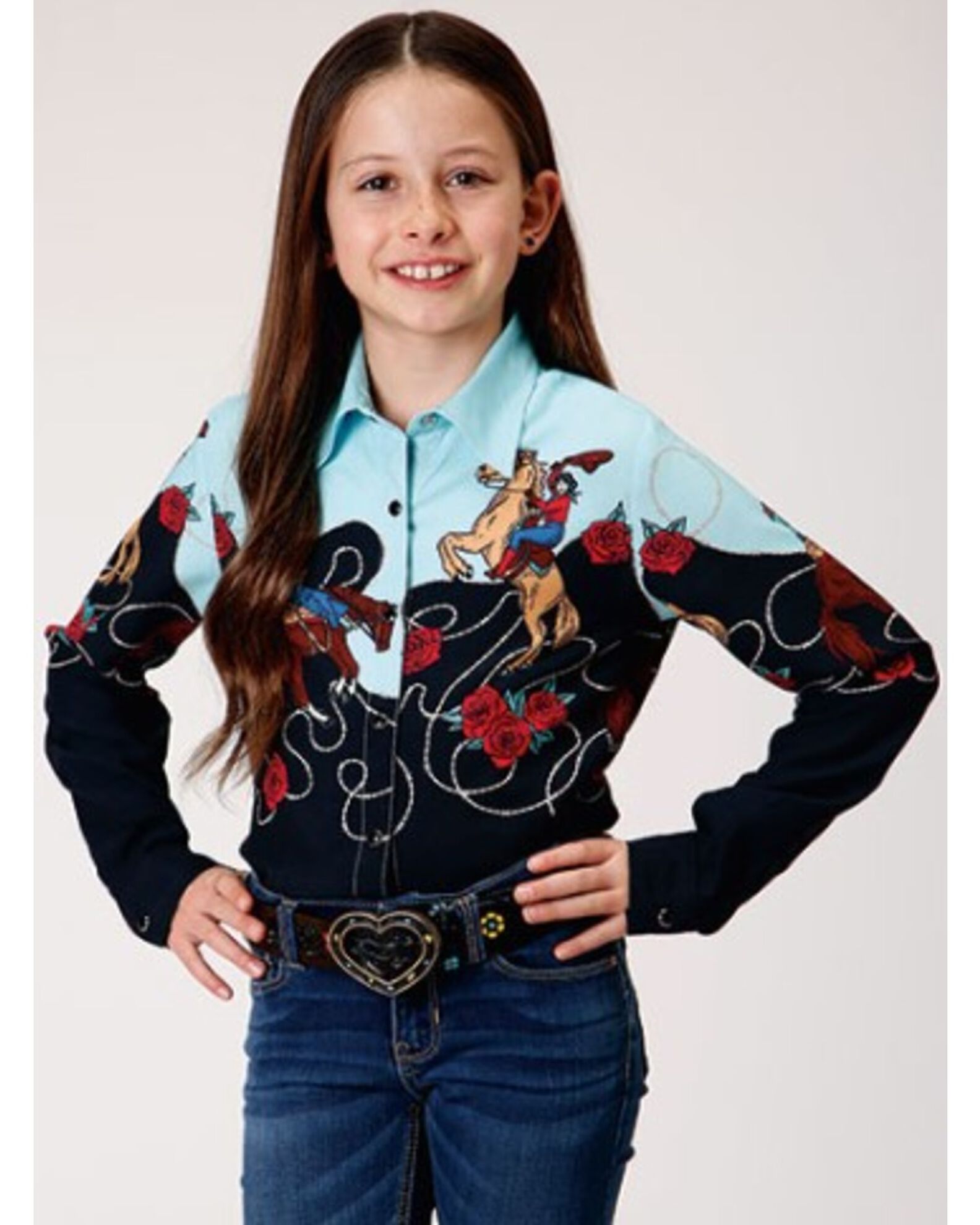 Roper Girls Cowgirl Border Print Rayon Long Sleeve Western Blouse