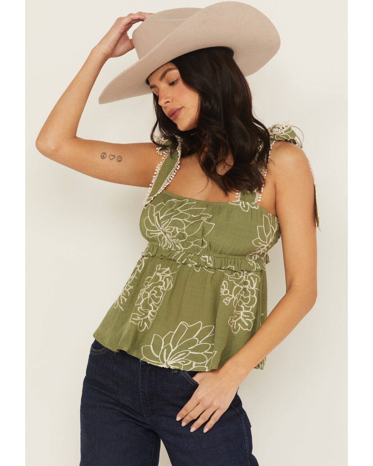 Image #1 - Wild Moss Women's Floral Embroidered Sleeveless Tie Strap Shirt, Olive, hi-res