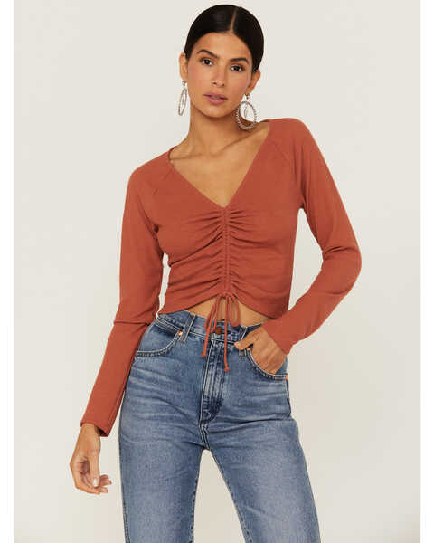 Image #1 - Lush Women's Brick Long Sleeve Cinch Front Knit Top, Brick Red, hi-res
