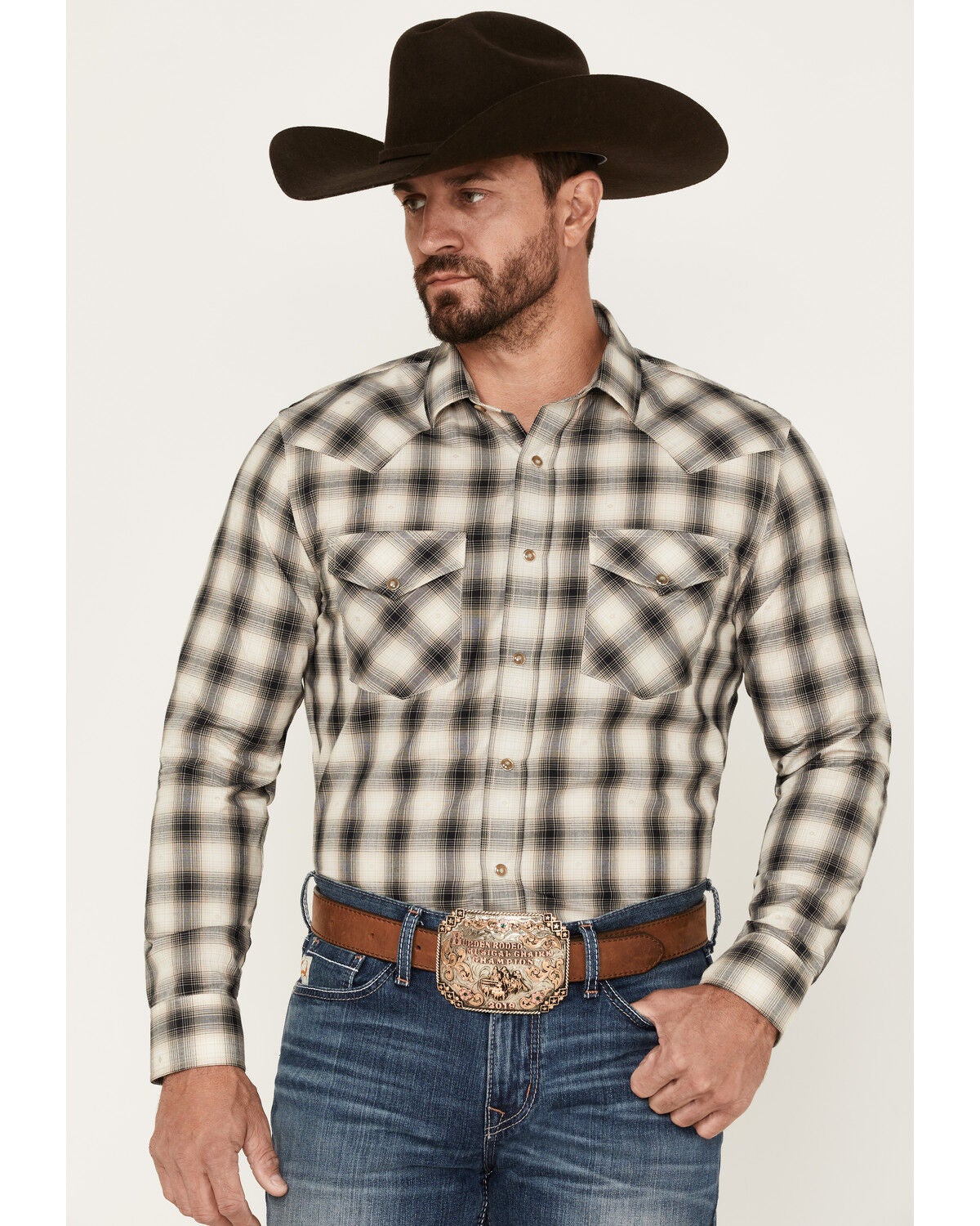 Pendleton Men's Frontier Dobby Ombre Plaid Snap Western Shirt, Tan, hi-res