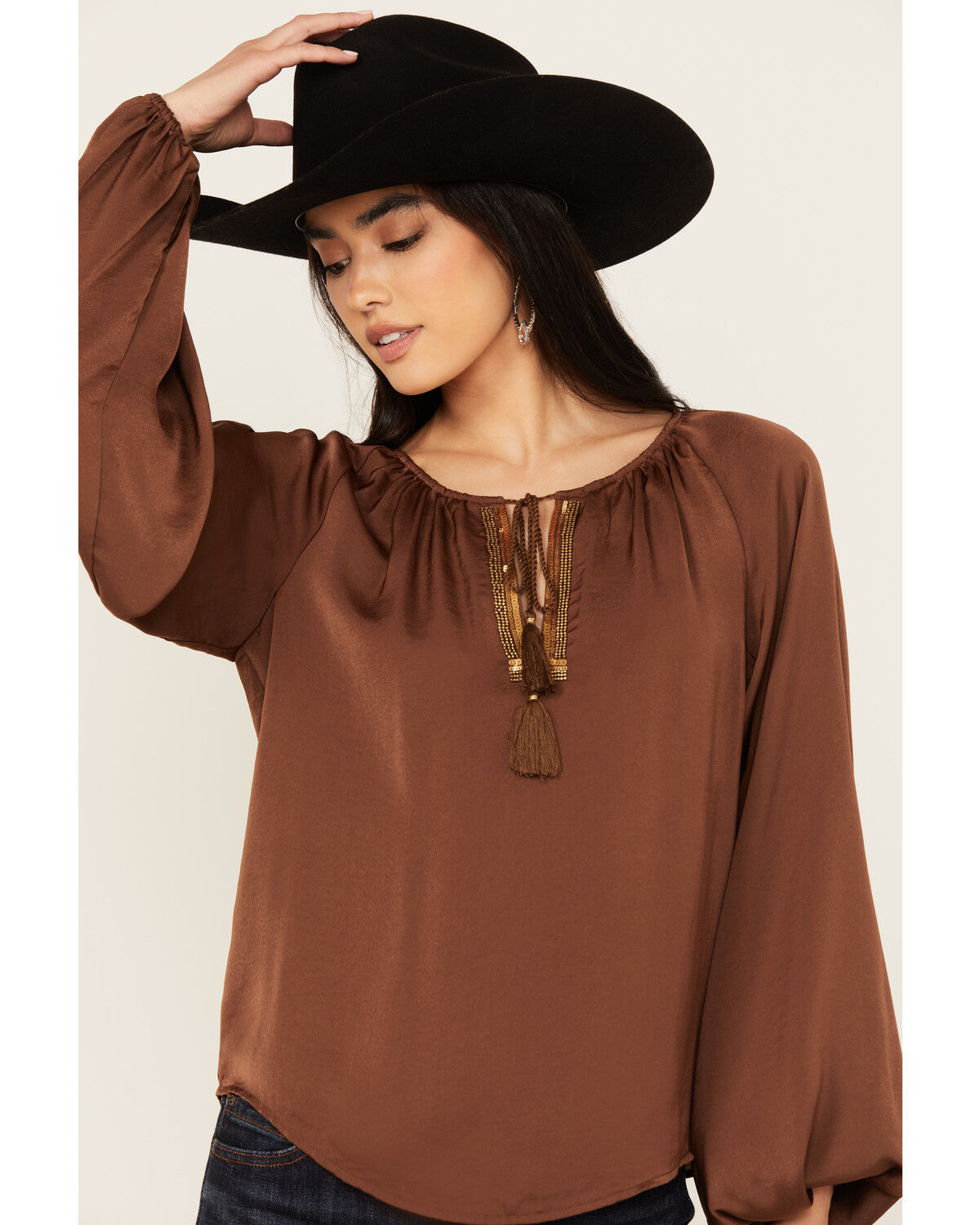 Image #2 - Shyanne Women's Washed Satin Tunic Blouse, Medium Brown, hi-res