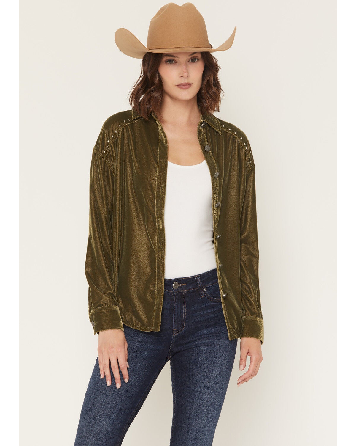 Image #1 - Rock & Roll Denim Women's Oversized Studded Velvet Concho Button Shirt, Olive, hi-res