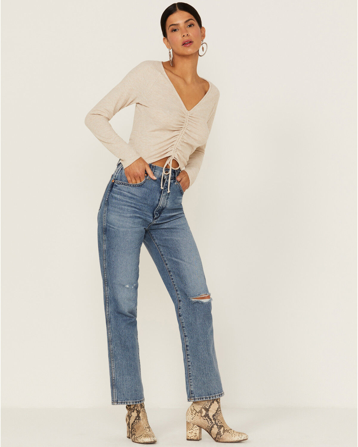 Image #4 - Lush Women's Sand Long Sleeve Cinch Front Knit Top, Sand, hi-res