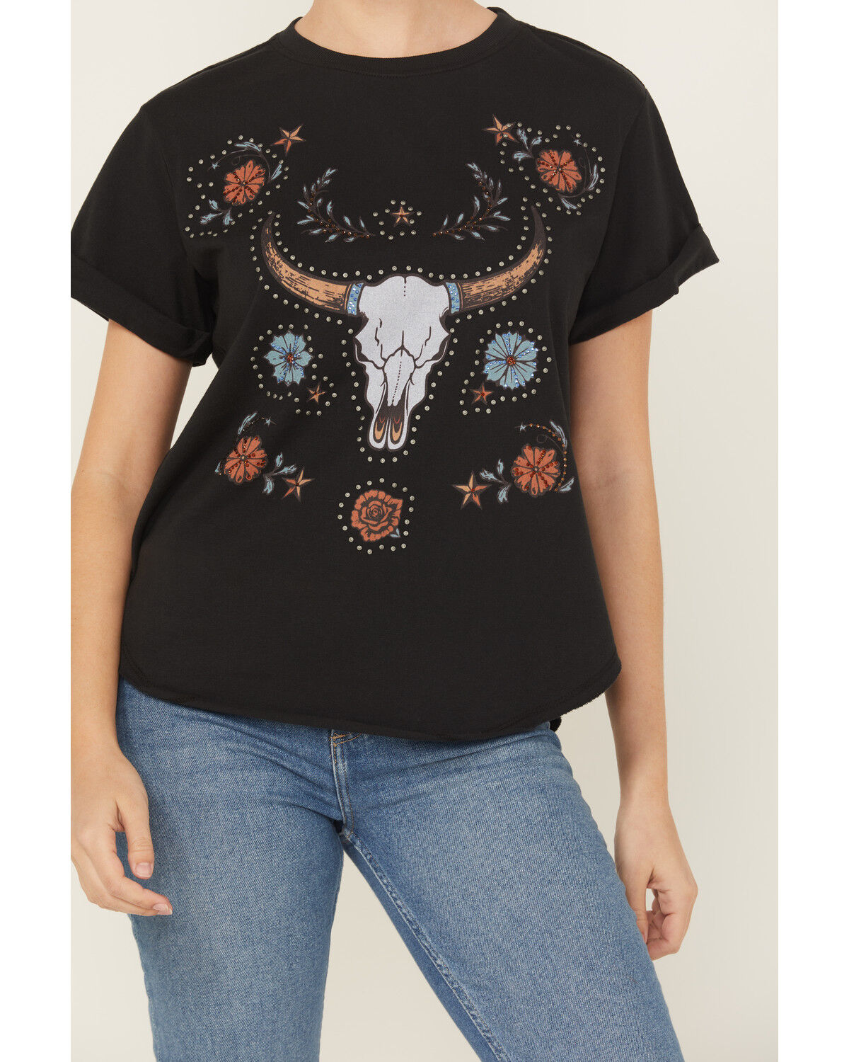Image #3 - Idyllwind Women's Studded Bull Skull Short Sleeve Graphic Tee, Black, hi-res
