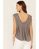 Tres Aves Women's Solid Grey Oversized Double V-Neck Short Sleeve Top , Grey, hi-res