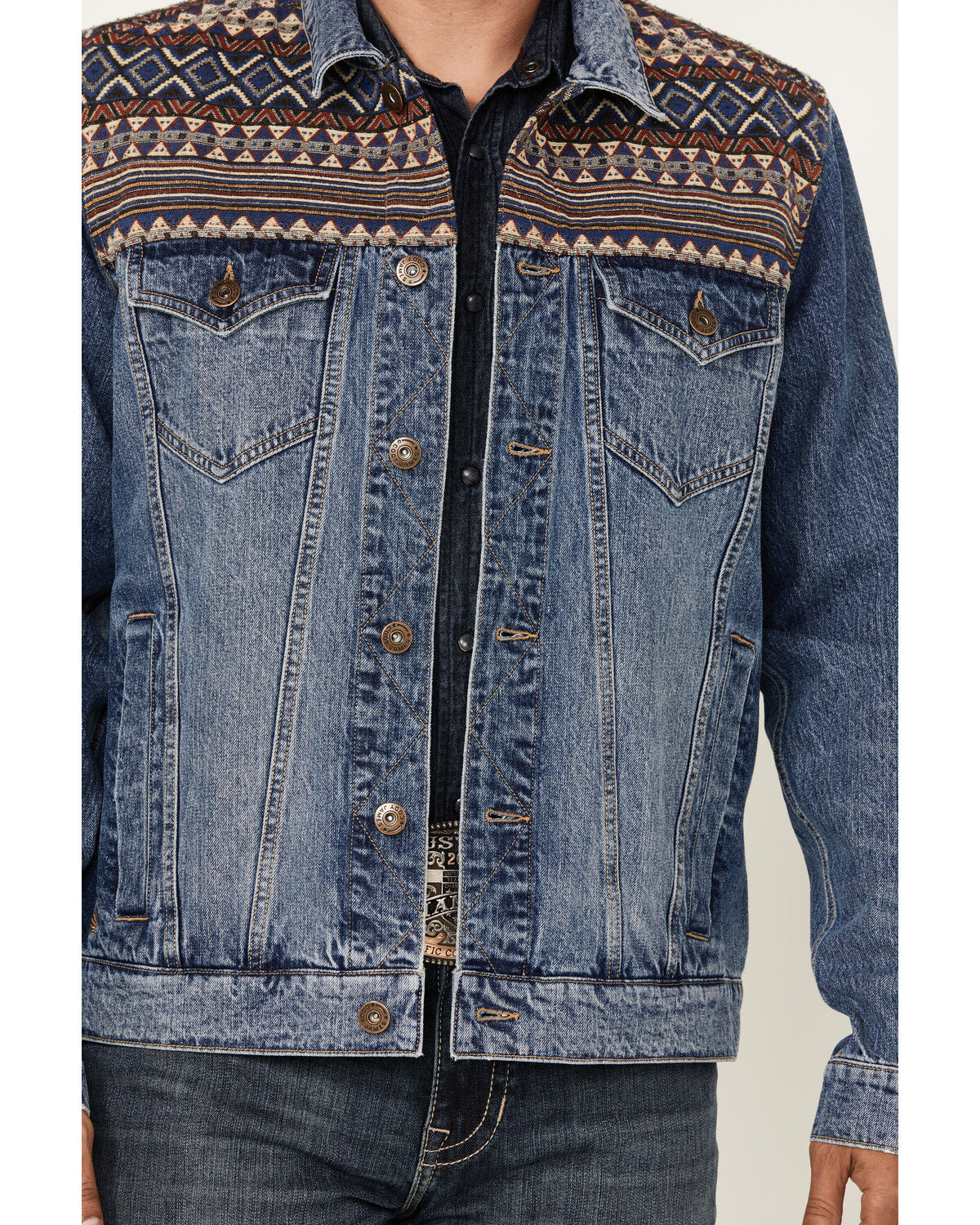 Image #3 - Cody James Men's Gaucho Southwestern Print Yoke Stretch Denim Jacket, Dark Wash, hi-res