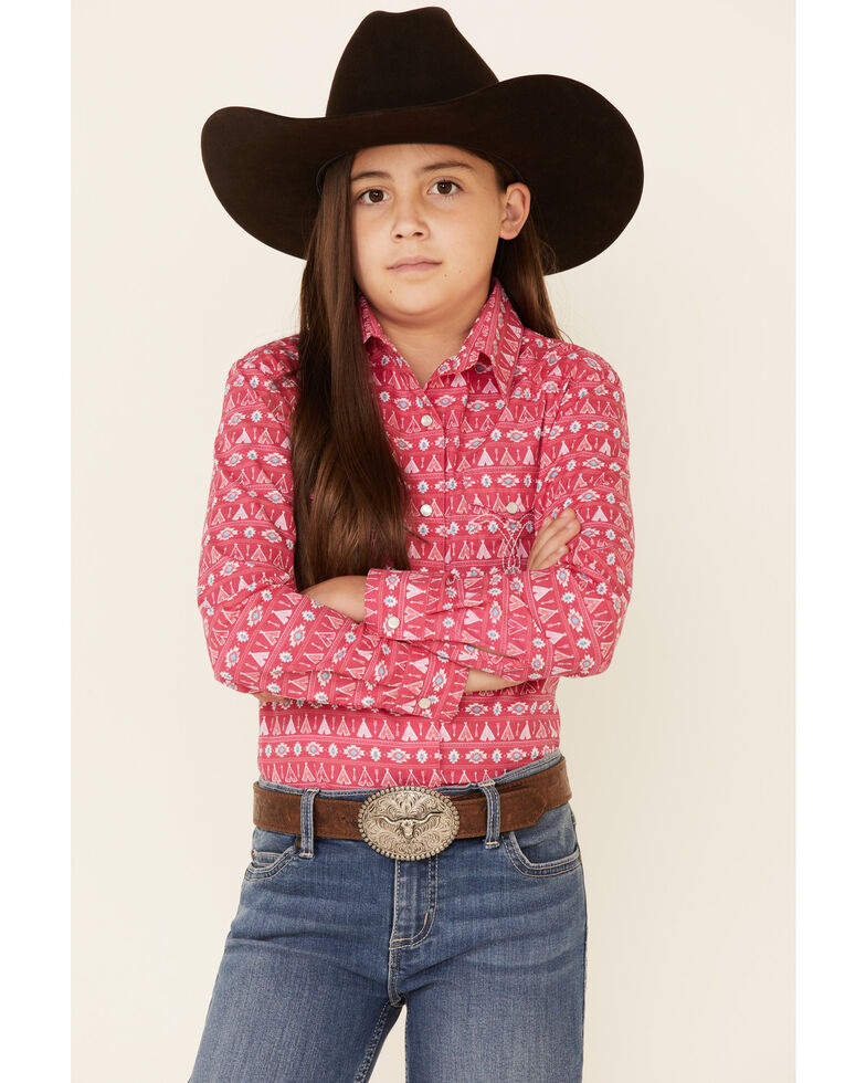 Panhandle Girls Hot Pink Teepee Southwestern Print Long Sleeve Snap Western Shirt , Pink, hi-res