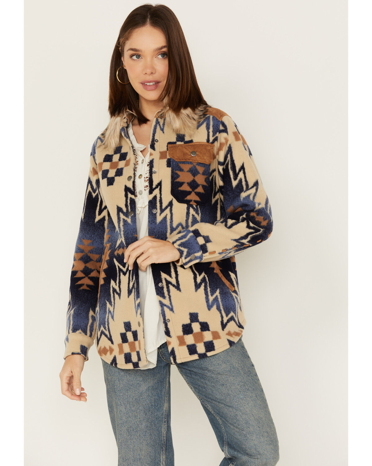 Image #1 - Tasha Polizzi Women's The Mountain Shirt Southwestern Print Faux Fur Collar Jacket, Blue, hi-res