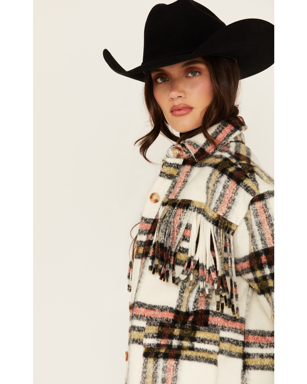 Image #2 - Rock & Roll Denim Women's Plaid Print Fringe Shacket, Natural, hi-res