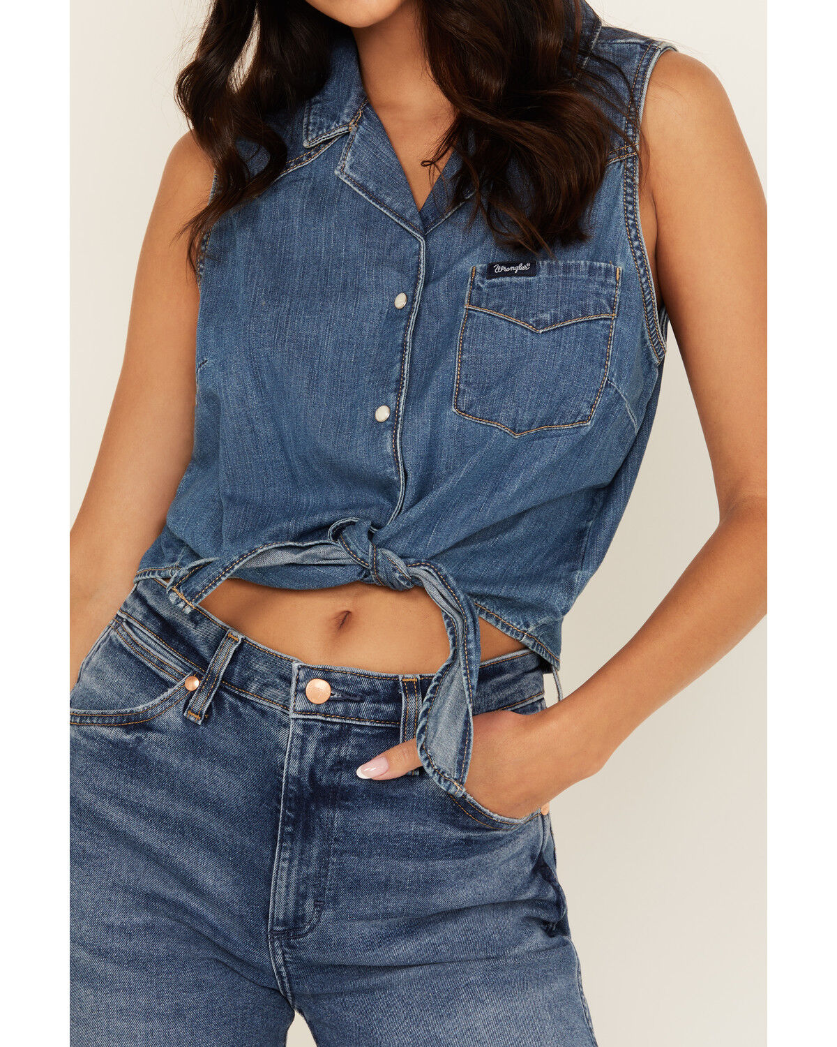 Image #3 - Wrangler Retro Women's Dark Wash Tie-Front Sleeveless Snap Western Shirt, Dark Wash, hi-res