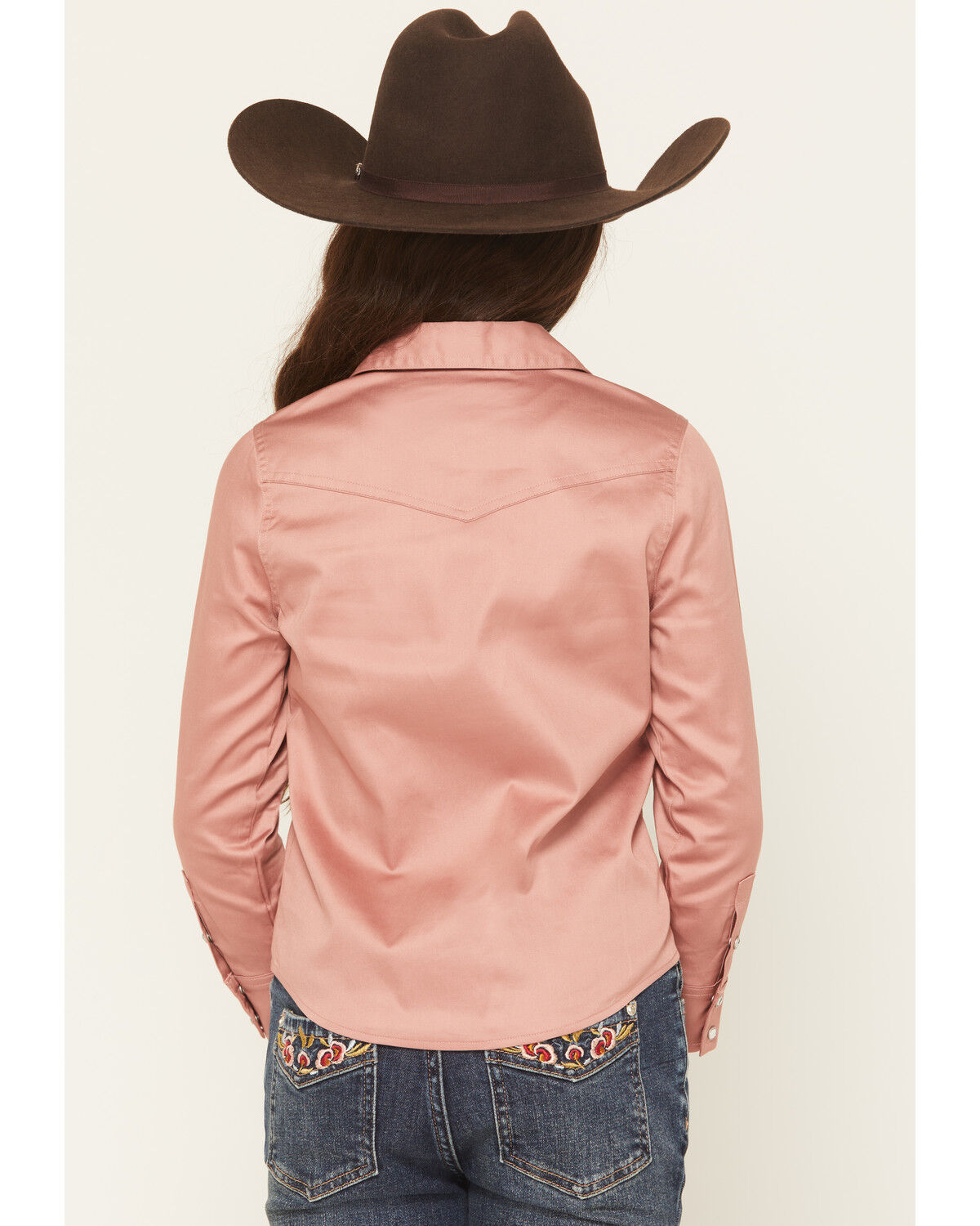Image #4 - Shyanne Girls' Solid Long Sleeve Rhinestone Snap Stretch Western Shirt, Mauve, hi-res