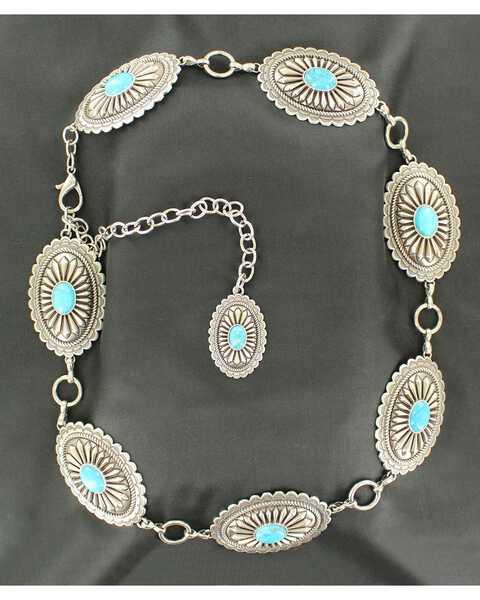 Image #1 - Ariat Women's Oval Turquoise Concho Chain Belt, Silver, hi-res