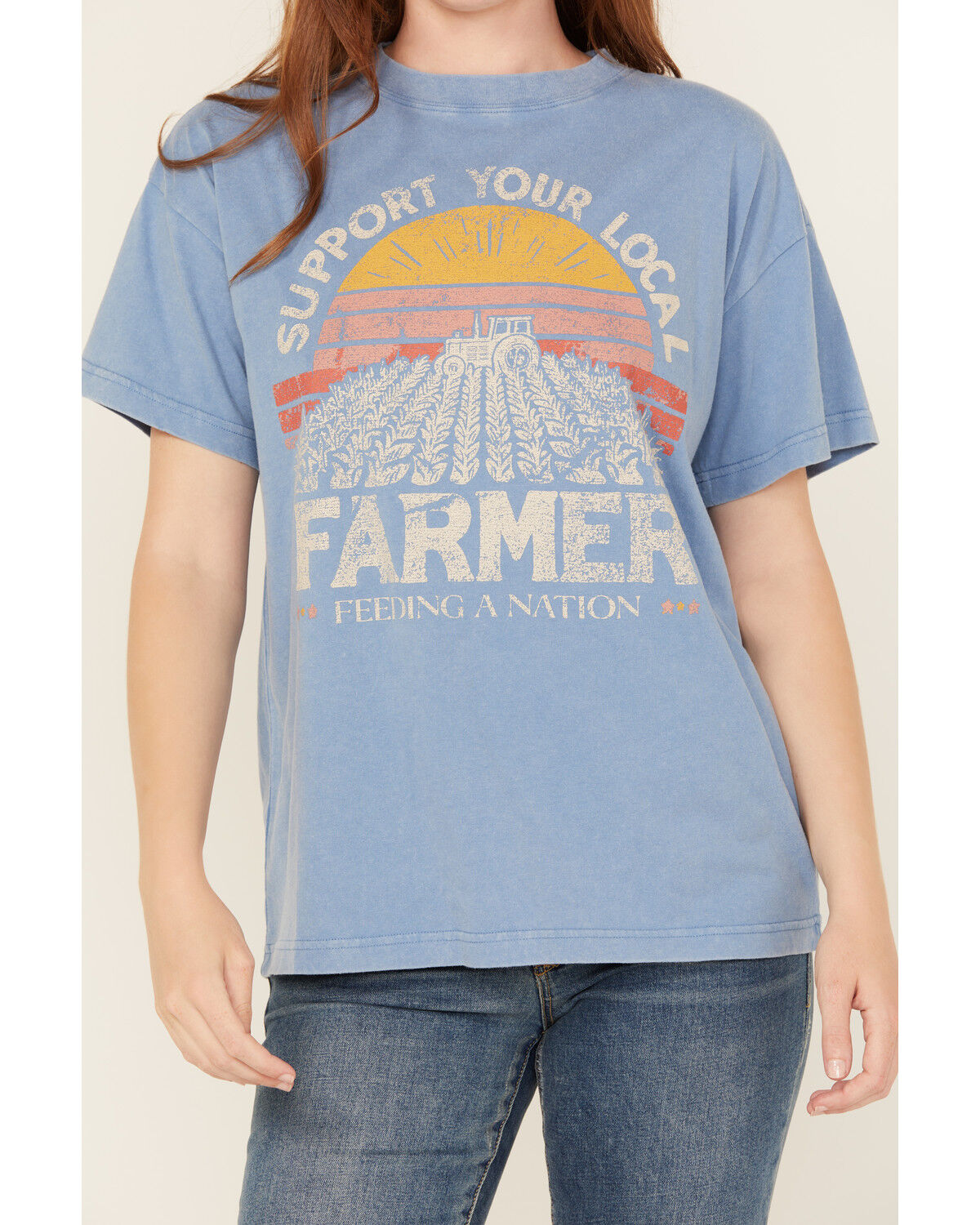 Image #3 - Cleo + Wolf Women's Support Your Local Farmer Short Sleeve Oversized Graphic Tee, Steel Blue, hi-res