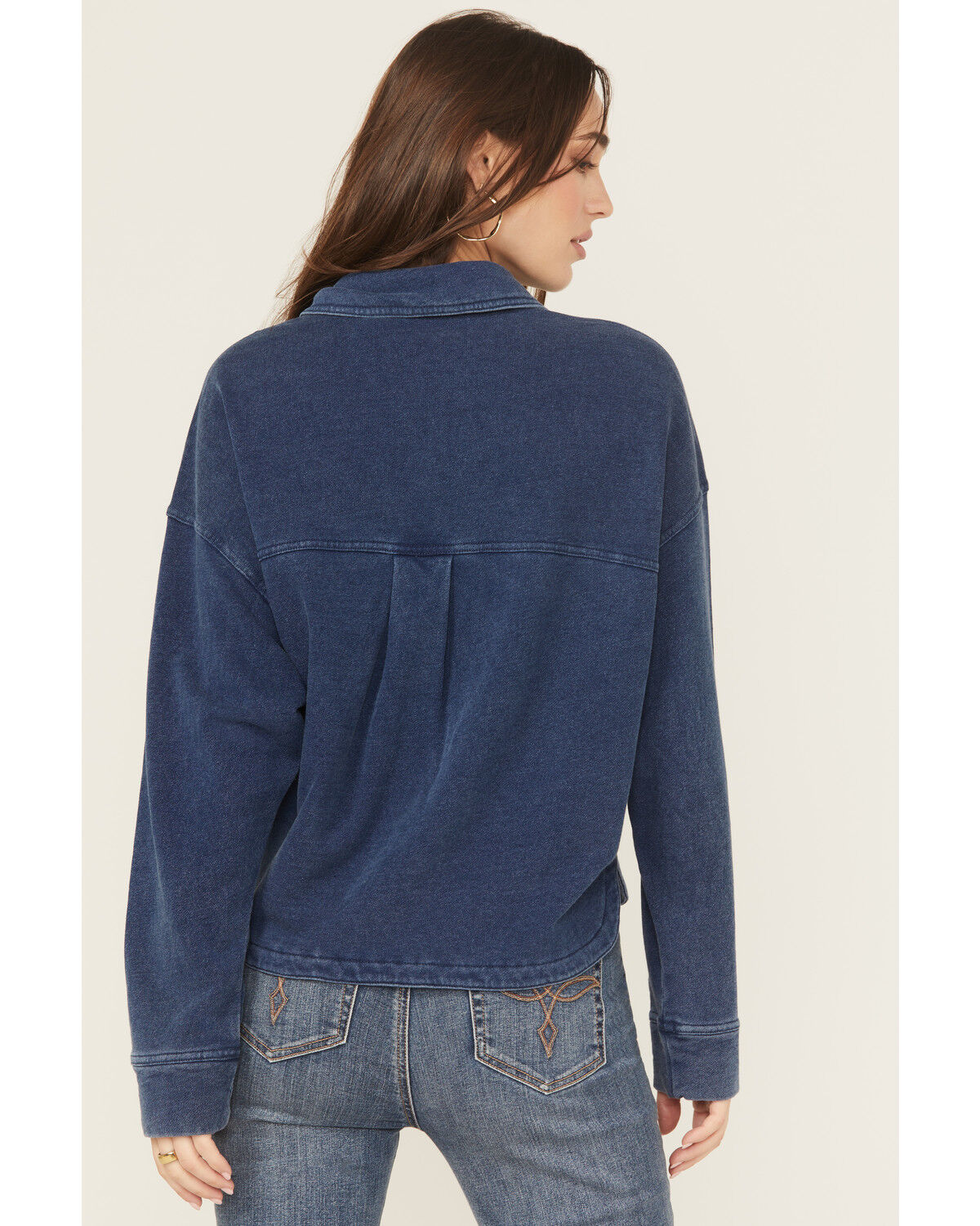 Image #4 - White Crow Women's Denim Knit Long Sleeve Button-Down Cropped Shacket, Dark Blue, hi-res