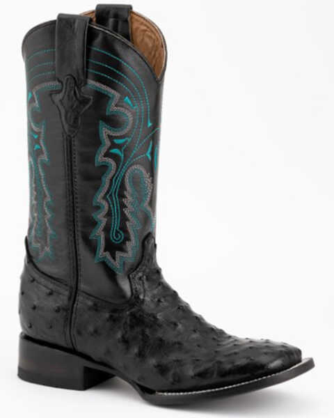 Ferrini Men's Full-Quill Ostrich Embroidered Western Boots - Wide Square Toe, Black, hi-res