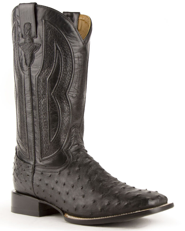 Ferrini Men's Full-Quill Ostrich Embroidered Western Boots - Wide Square Toe, Black, hi-res