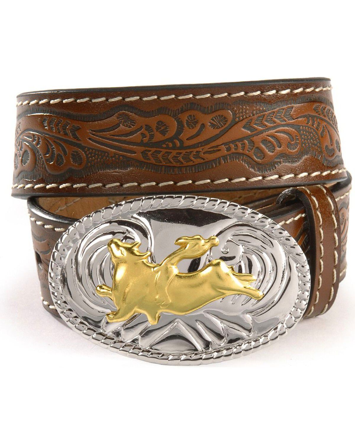 Image #1 - Nocona Boys' Floral Leather Belt, Brown, hi-res