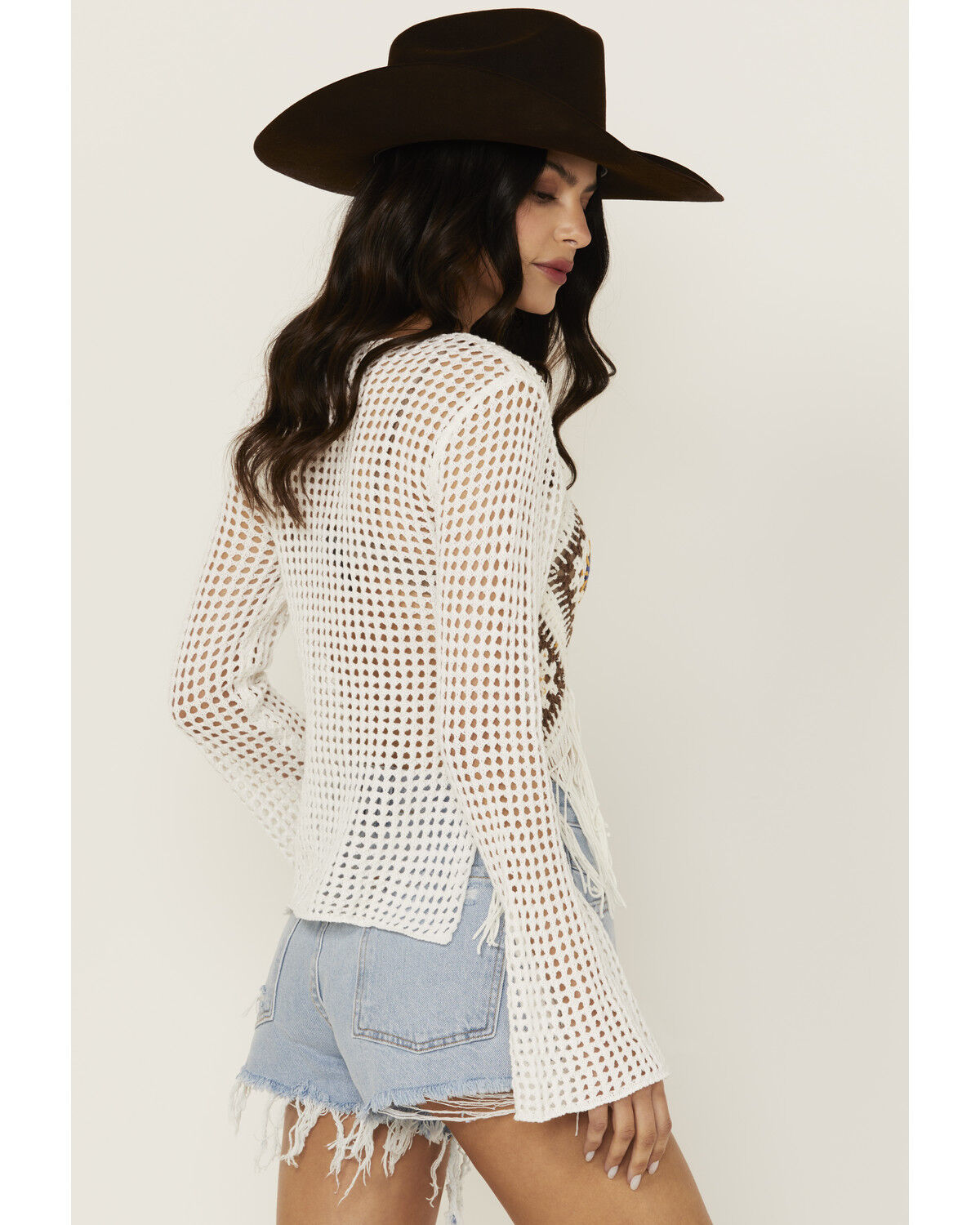 Image #4 - Wild Moss Women's Geo Print Crochet Long Sleeve Top, White, hi-res
