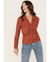 Image #1 - Sadie & Sage Women's Floral Stripe Print Ruched Long Sleeve Button Down Shirt, Rust Copper, hi-res