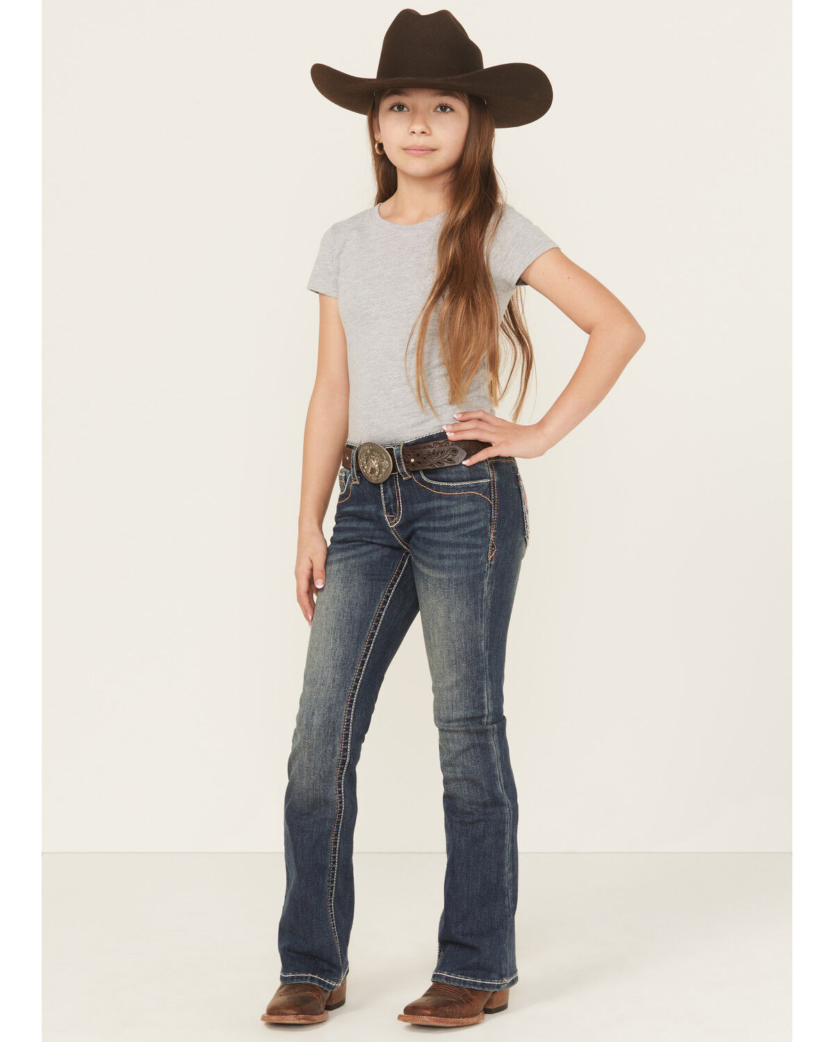 Image #3 - Grace in LA Girls' Medium Wash Floral Butterfly Pocket Bootcut Stretch Denim Jeans, Blue, hi-res
