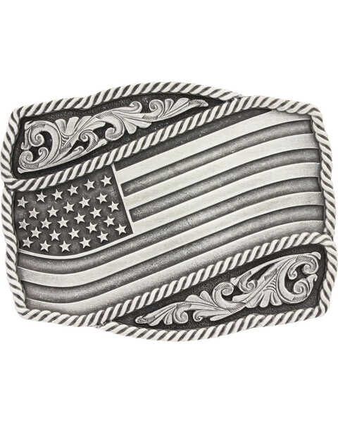 Image #1 - Montana Silversmiths Men's Waving American Flag Belt Buckle, Silver, hi-res