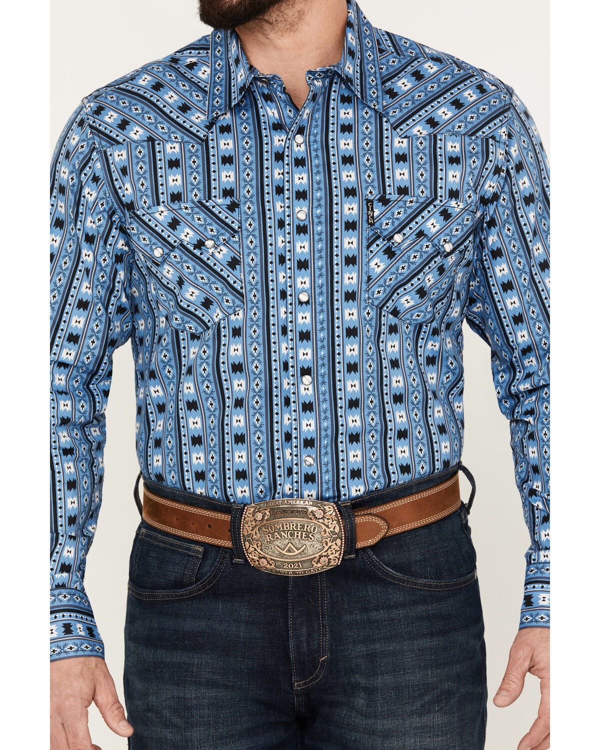 Image #3 - Cinch Men's Southwestern Print Long Sleeve Western Snap Shirt, Light Blue, hi-res
