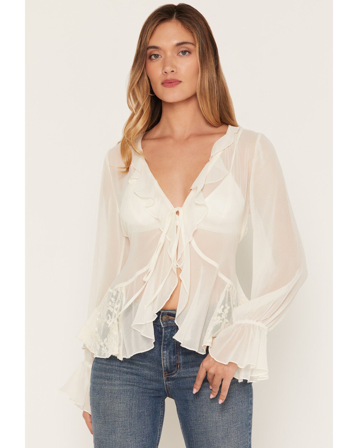 Image #1 - Wild Moss Women's Lace Sheer Long Sleeve Tie-Front Shirt, Ivory, hi-res