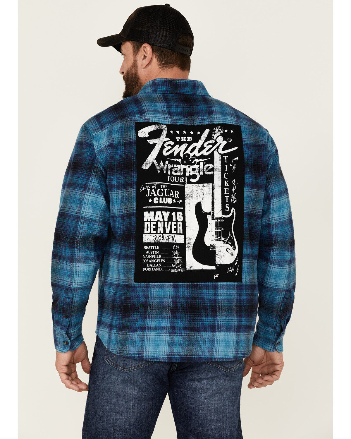 Image #4 - Wrangler X Fender Men's Plaid Tour Back Patch Button-Down Shirt Flannel Jacket, Navy, hi-res