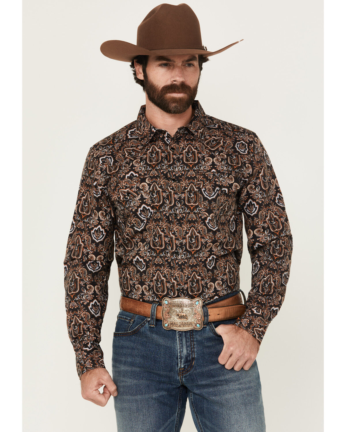 Image #1 - Gibson Men's Reward Medallion Print Long Sleeve Snap Western Shirt, Black, hi-res
