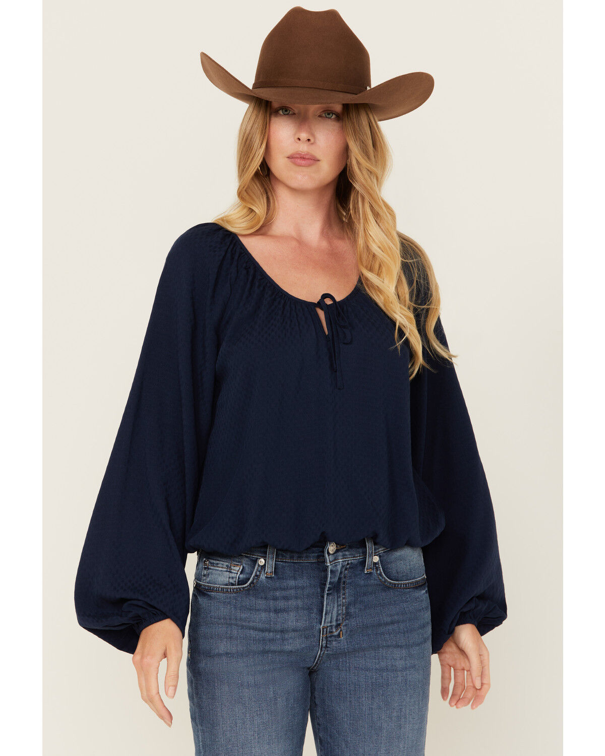 Image #1 - Cleo + Wolf Women's Christopher Solid Long Sleeve Peasant Top, Navy, hi-res
