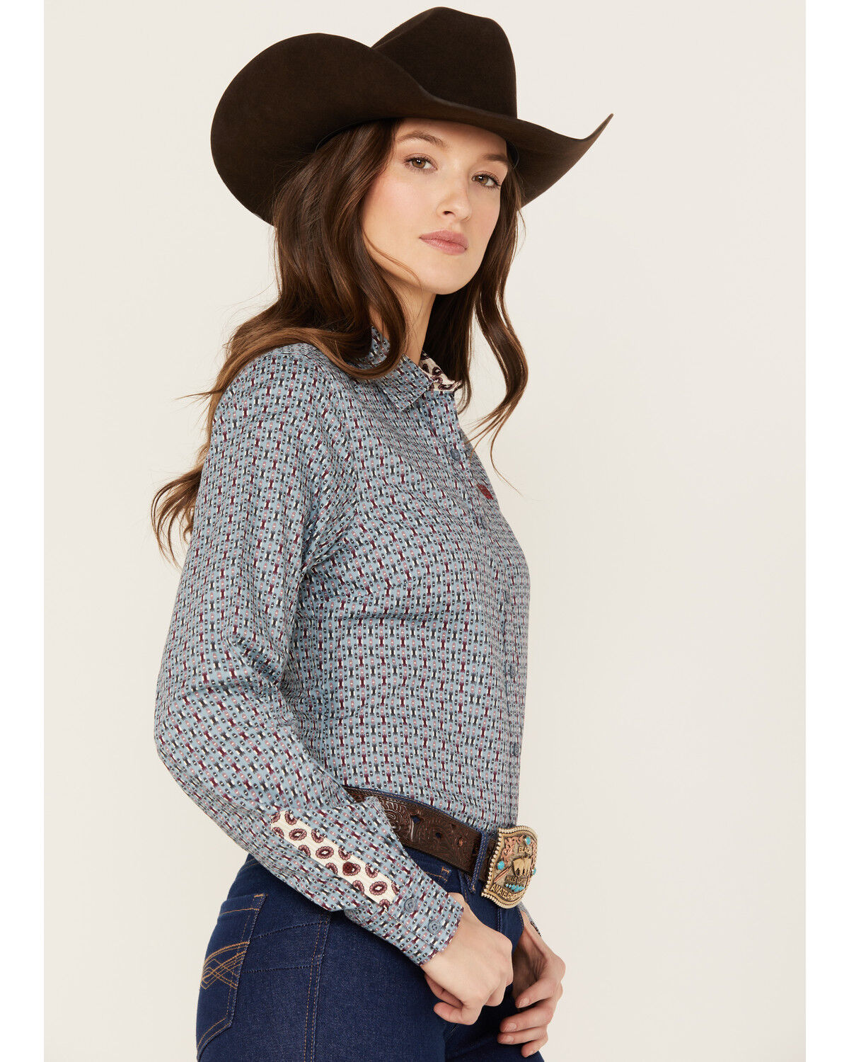 Image #2 - Cinch Women's Southwestern Long Sleeve Button-Down Western Shirt, Light Blue, hi-res