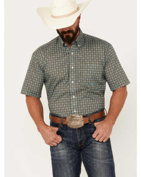 Roper Men's Geo Short Sleeve Button Down Western Shirt, Olive, hi-res