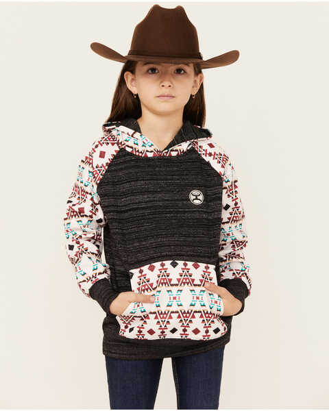 Image #1 - Hooey Girls' Southwestern Print Hooded Sweatshirt, Charcoal, hi-res