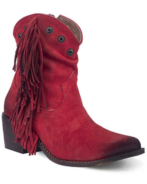 Circle G Women's Studded Suede Fringe Ankle Boots - Round Toe , Red, hi-res