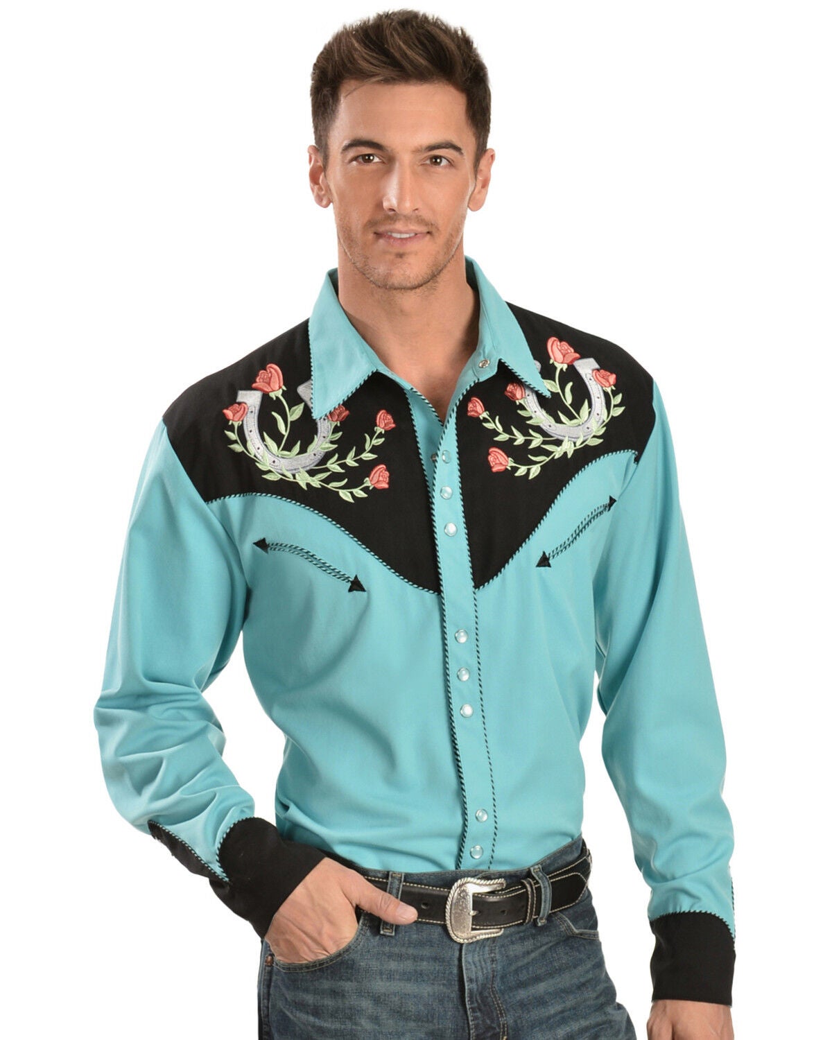 Image #1 - Scully Men's Rose & Horseshoe Embroidered Retro Long Sleeve Western Shirt - Big & Tall, Turquoise, hi-res
