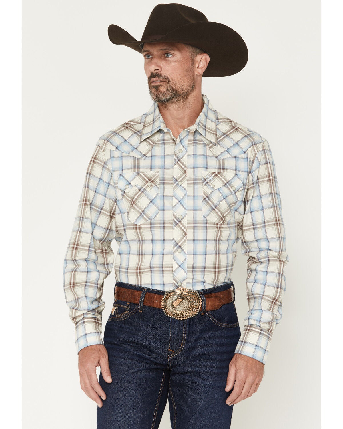 Wrangler Retro Men's Plaid Print Long Sleeve Snap Western Shirt - Tall, Blue, hi-res