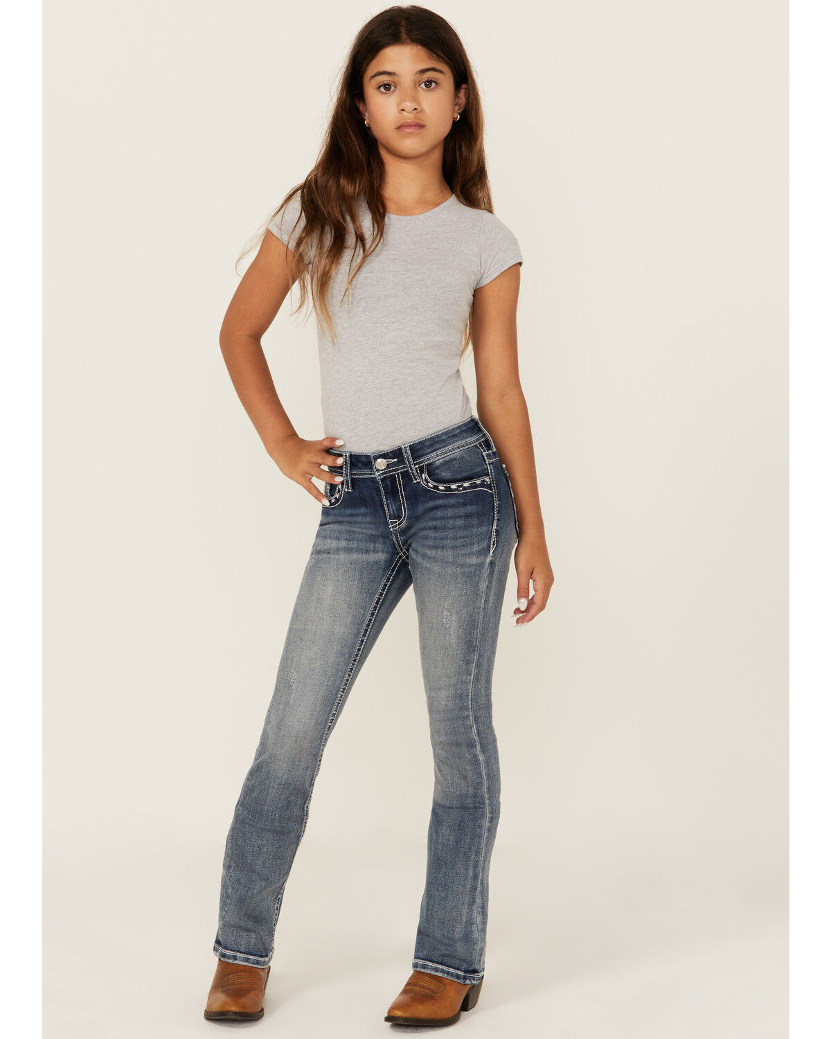 Image #3 - Grace in LA Girls' Medium Wash Butterfly Pocket Bootcut Stretch Denim Jeans, Medium Wash, hi-res
