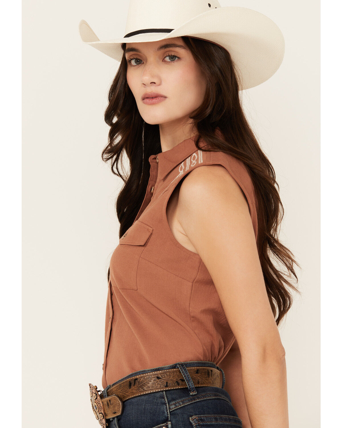 Image #2 - Shyanne Women's Western Embroidered Sleeveless Button-Down Western Shirt, Caramel, hi-res
