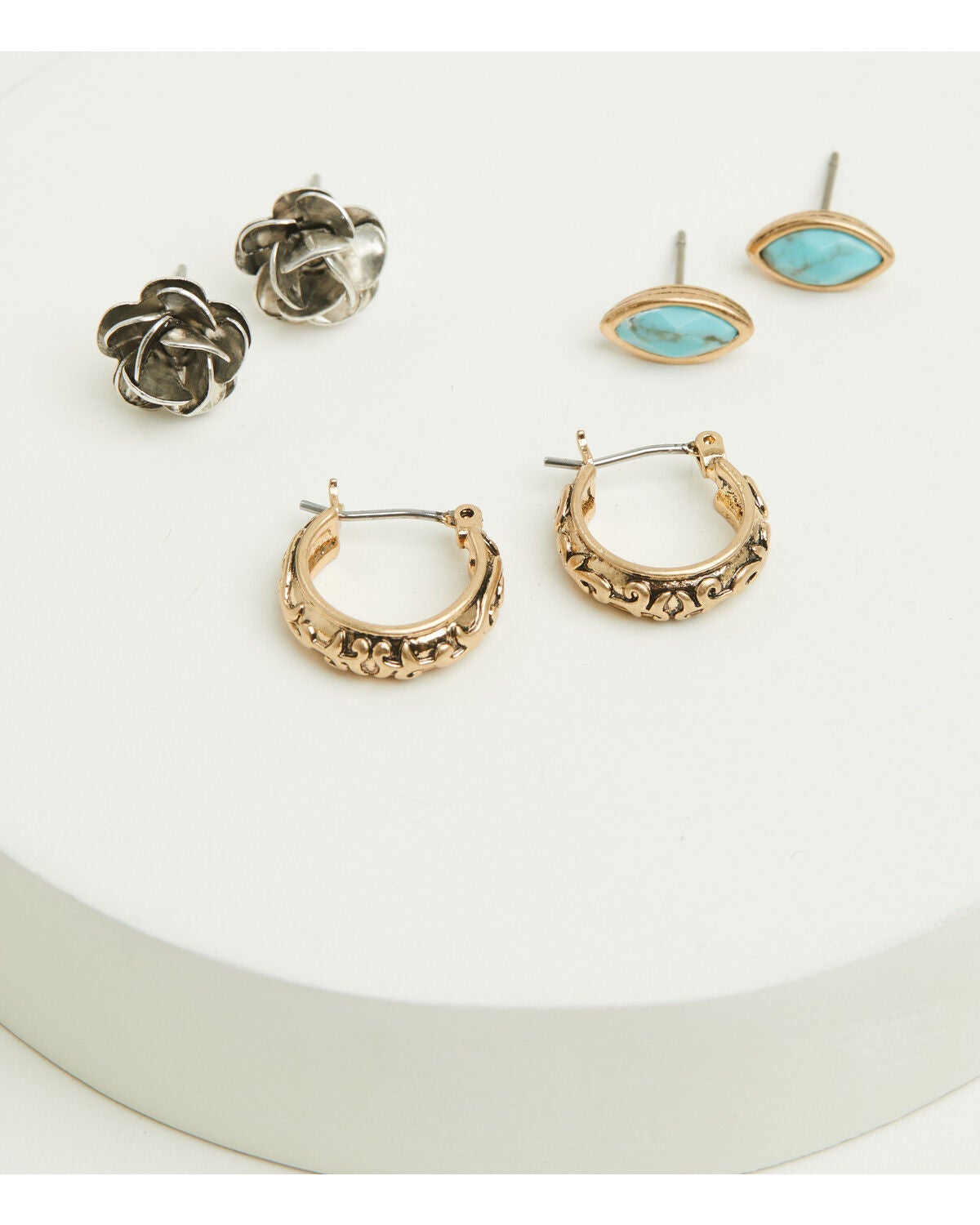 Lainey Wilson Women's Flower Stud Hoop Trio Earring Set - 3 Piece, Gold, hi-res