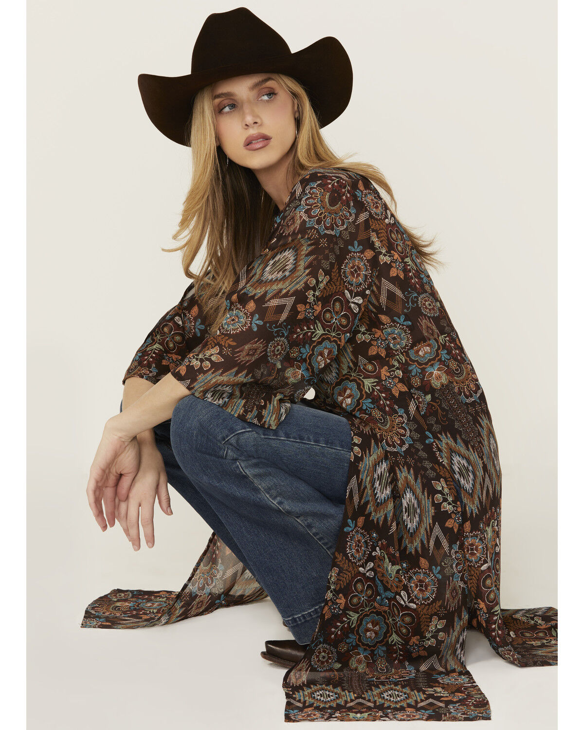 Image #1 - Shyanne Women's Floral Print Chiffon Kimono, Dark Brown, hi-res