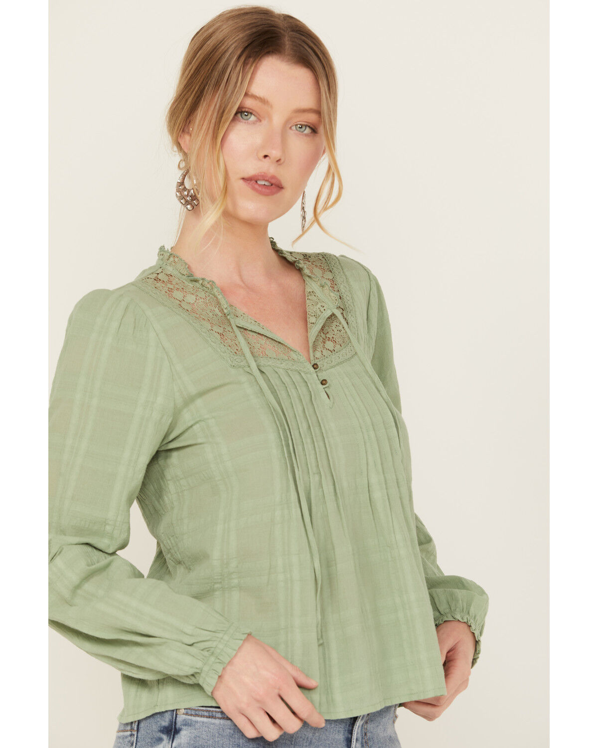 Image #2 - Jolt Women's Lace Trim Long Sleeve Peasant Top, Sage, hi-res