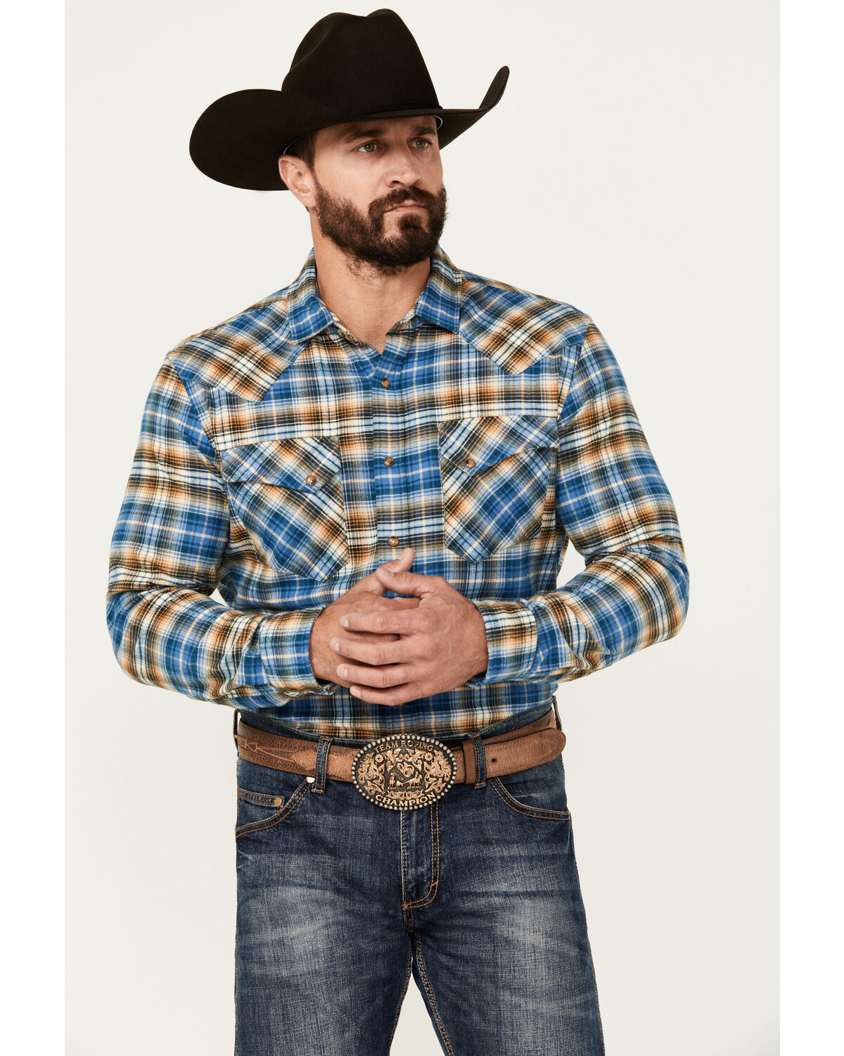 Image #1 - Pendleton Men's Wyatt Plaid Print Long Sleeve Pearl Snap Western Shirt, Blue, hi-res