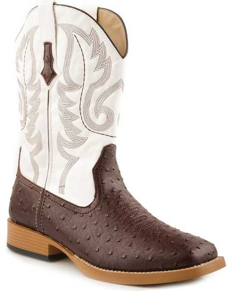 Roper Faux Leather Ostrich Print Cowboy Boots - Square Toe, Brown, hi-res