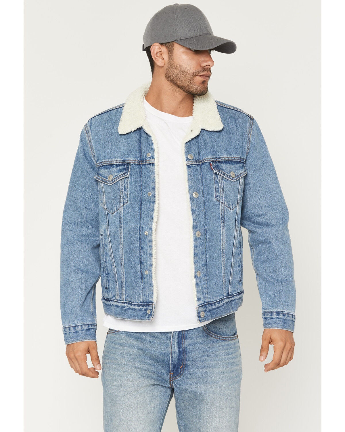 Image #1 - Levi's Men's Light Wash Denim Sherpa Lined Snap Trucker Jacket, Light Wash, hi-res